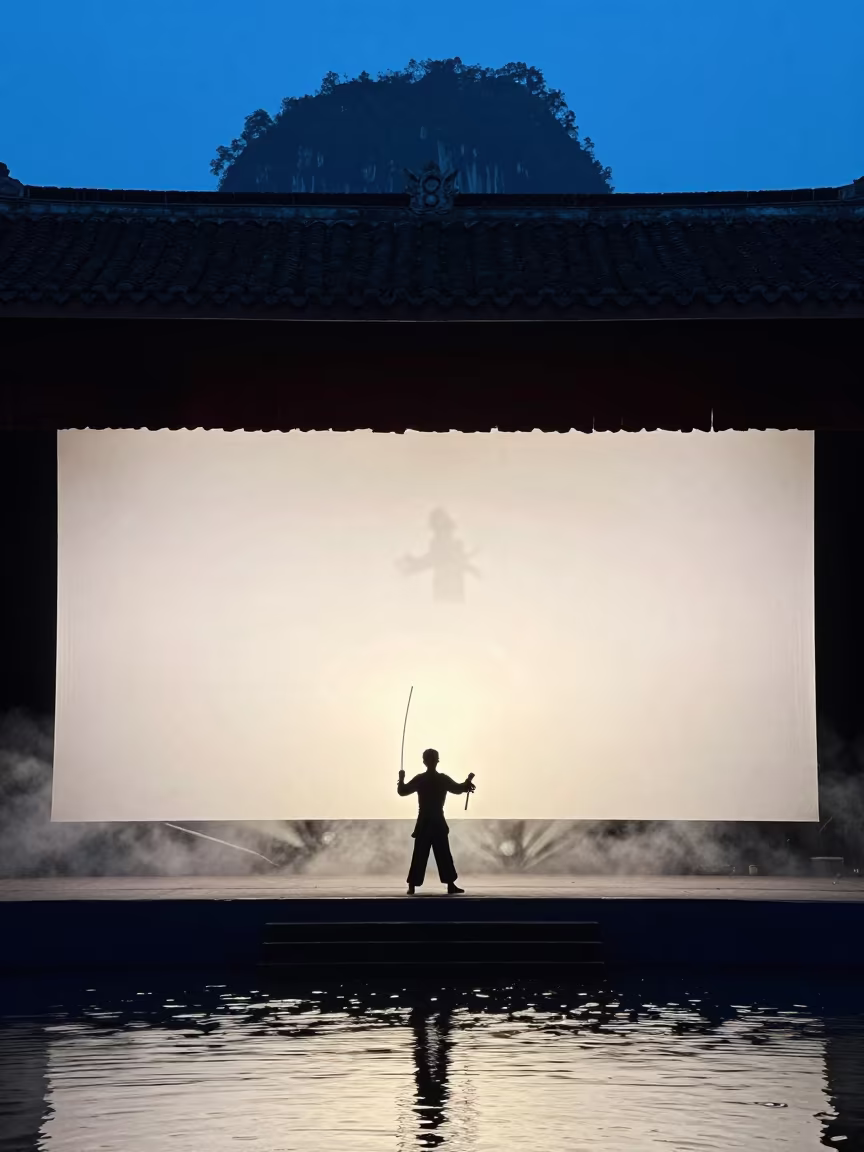 Shadow Puppet Master on Guilin Festival Stage in on a festival main stage in Guilin