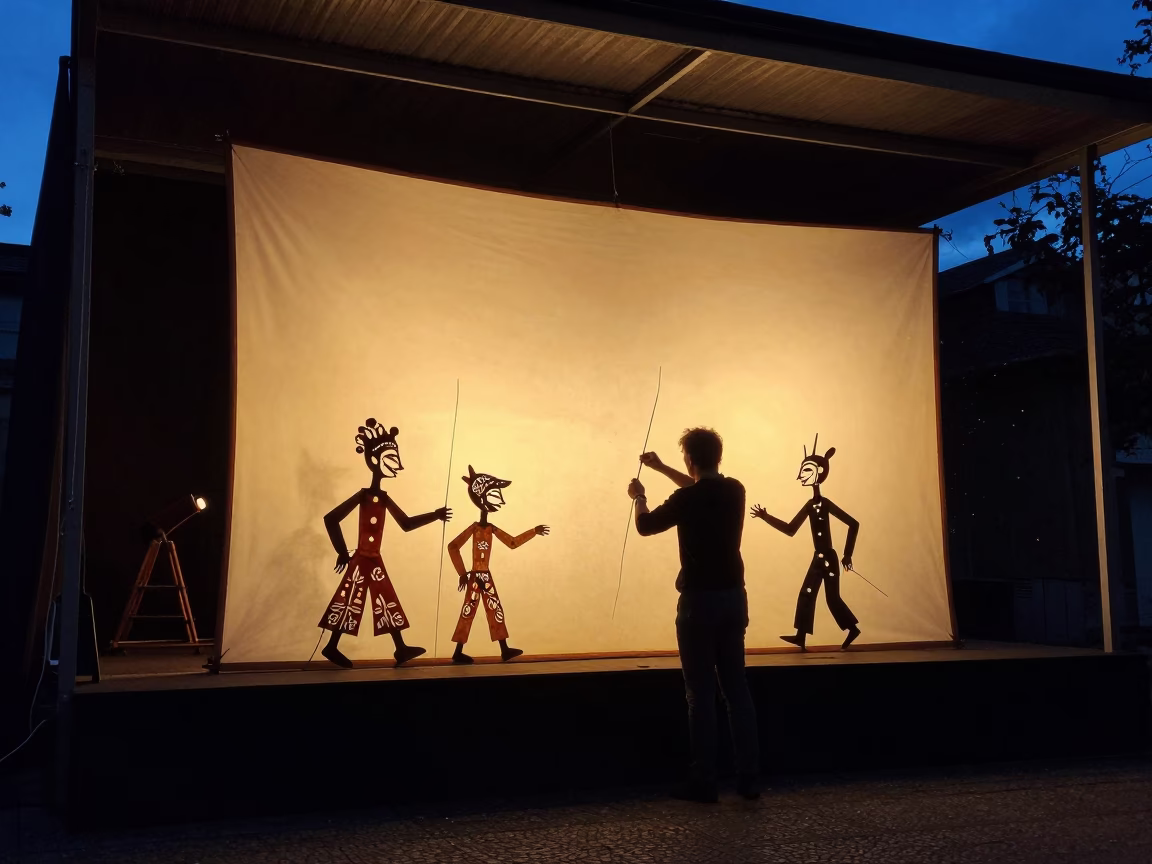 Shadow Puppet Master Behind Lit Screen in on a theater stage in Schoneberg, Berlin