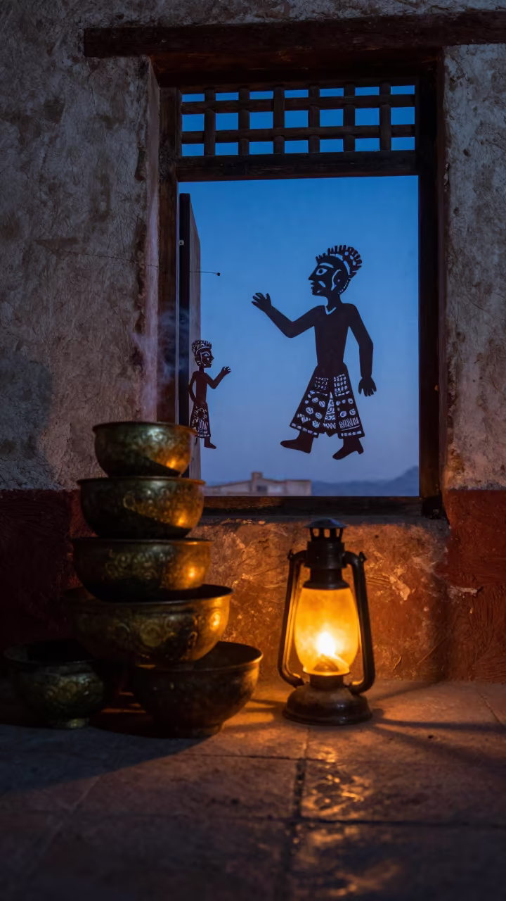 Shadow Puppet Screen Bronze Bowls Oaxaca Lantern Light in in a shrine lined with lanterns in Oaxaca