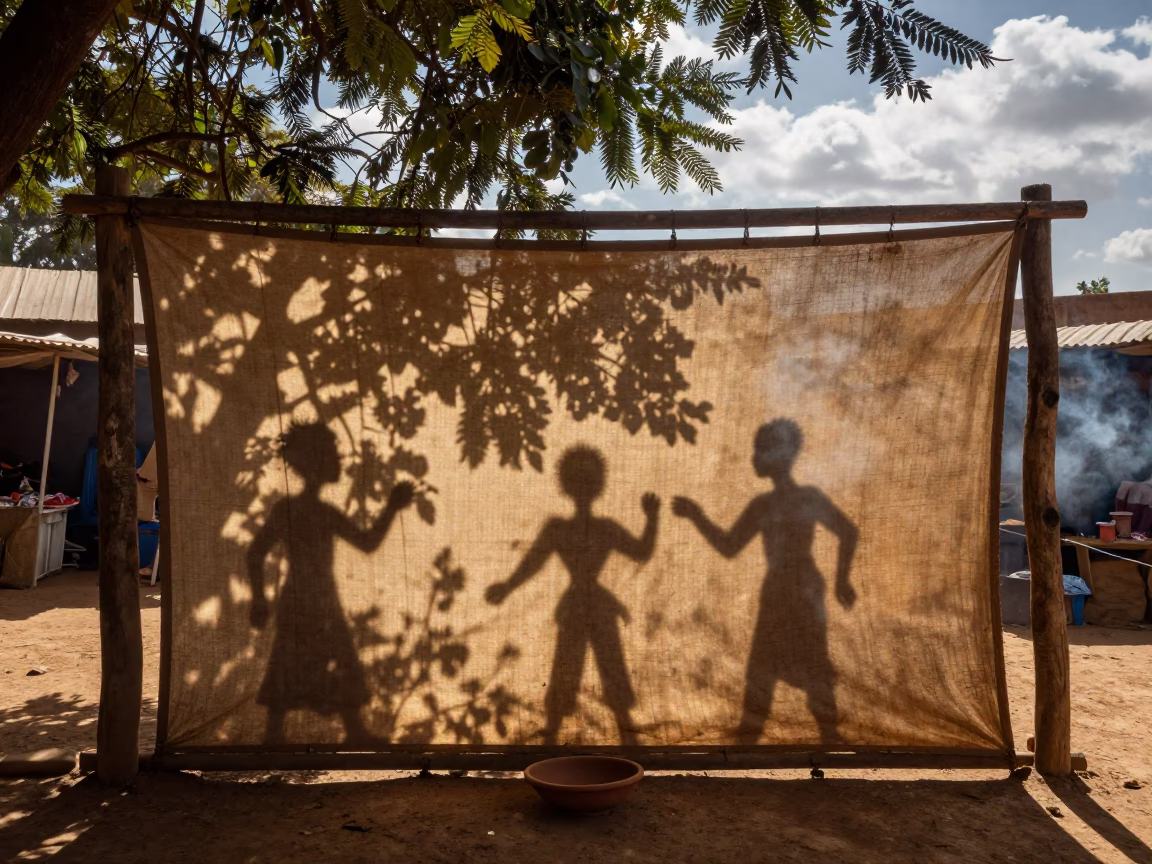 Shadow Puppet Screen Amid Incense Smoke in Bafoussam in at a night market in Bafoussam