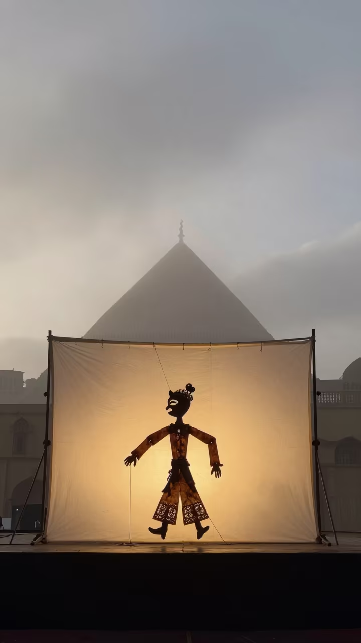 Shadow Puppeteer Behind Cotton Screen Cairo Dawn in on a theater stage in City of the Dead, Cairo