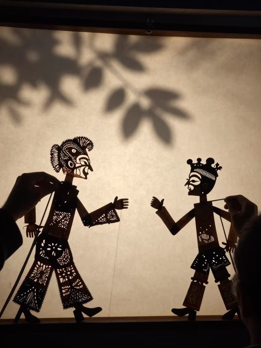 Shadow Puppeteer Behind Cotton Screen in Doha in on a festival main stage in Doha
