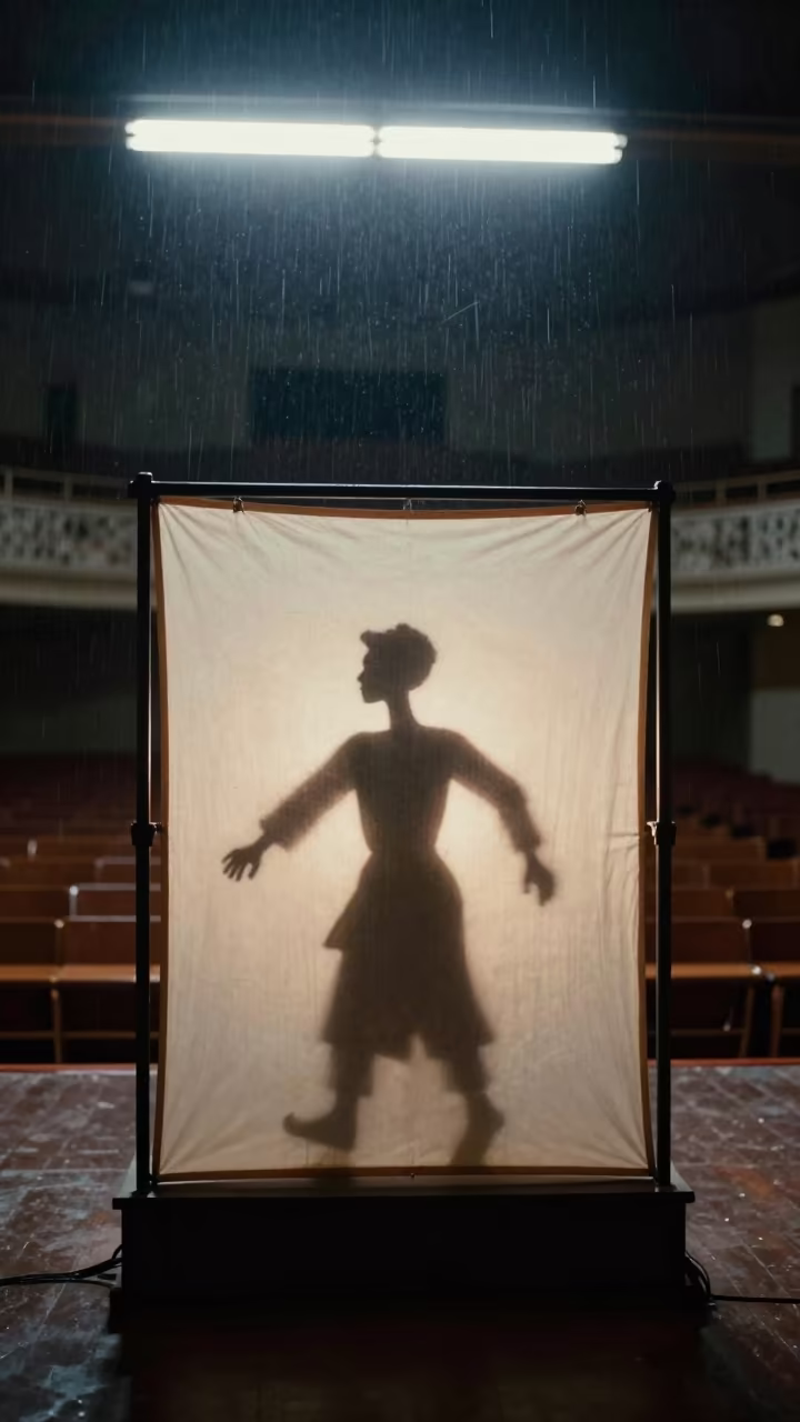 Shadow Puppeteer Silhouette Monsoon Night Ile Ife in in a concert hall in Ile Ife