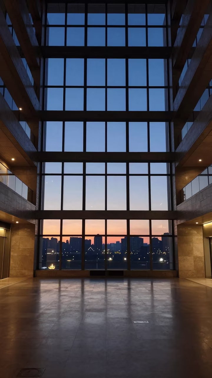 Shadow squares from window frame in twilight atrium in inside a vaulted atrium near Chongqing