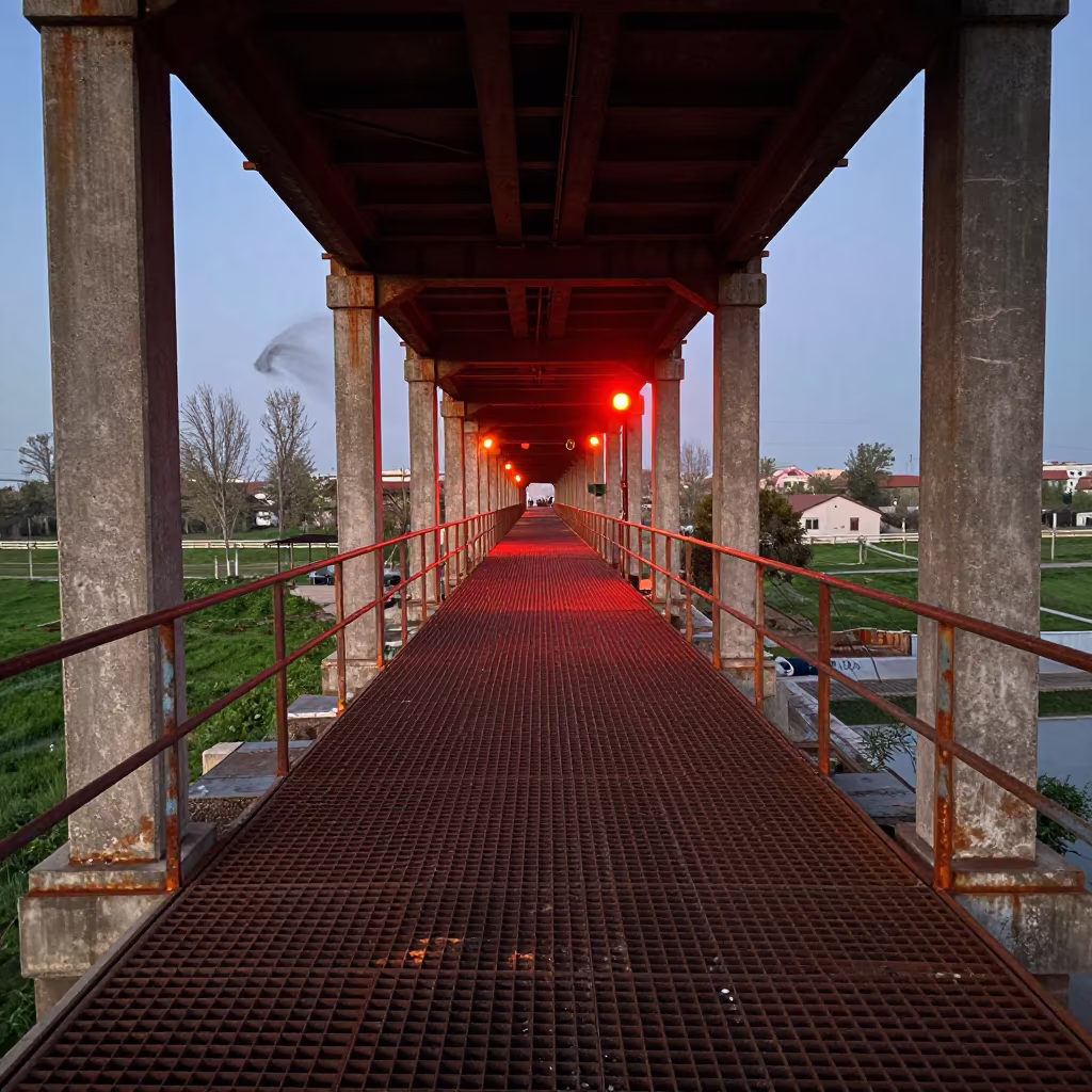 Shadow Striped Bridge Walkway Qamishli in beneath a bridge span in Qamishli