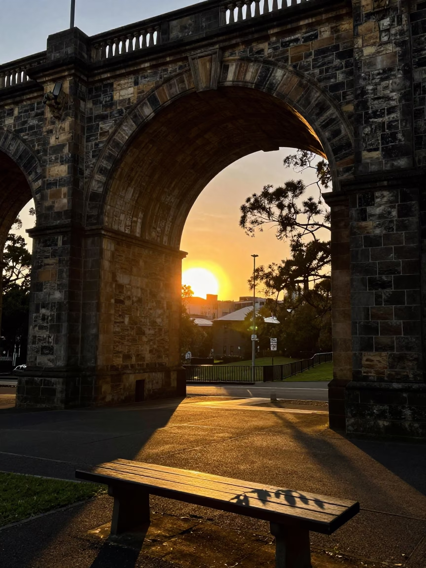 Shadows and Stone Under Melbourne Viaduct Arch at Sunset in in Melbourne, Victoria, Australia