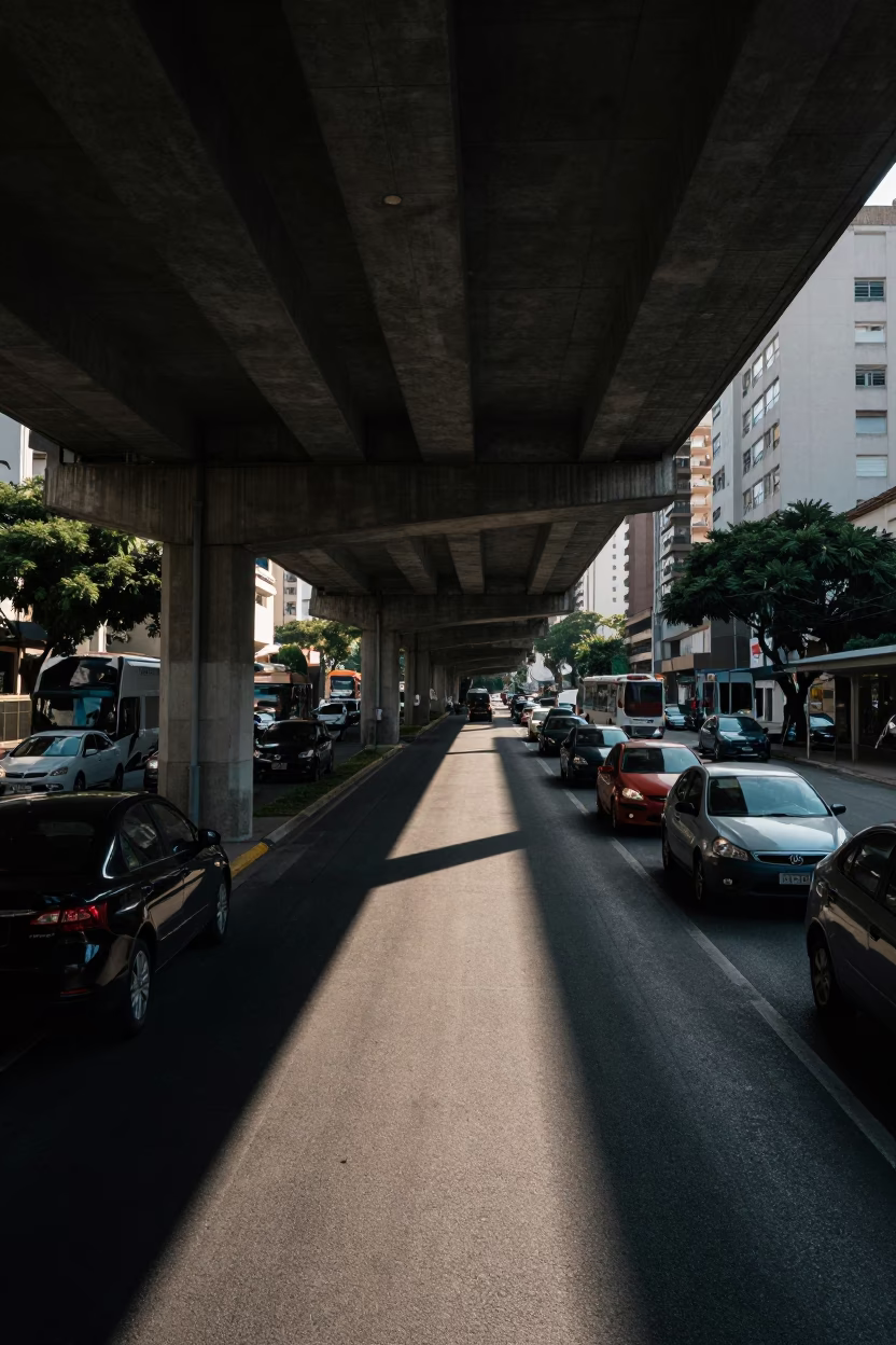 Shadows of Rio De Janeiro Flyover Underside Early Afternoon Street Scene in in Rio de Janeiro, Brazil