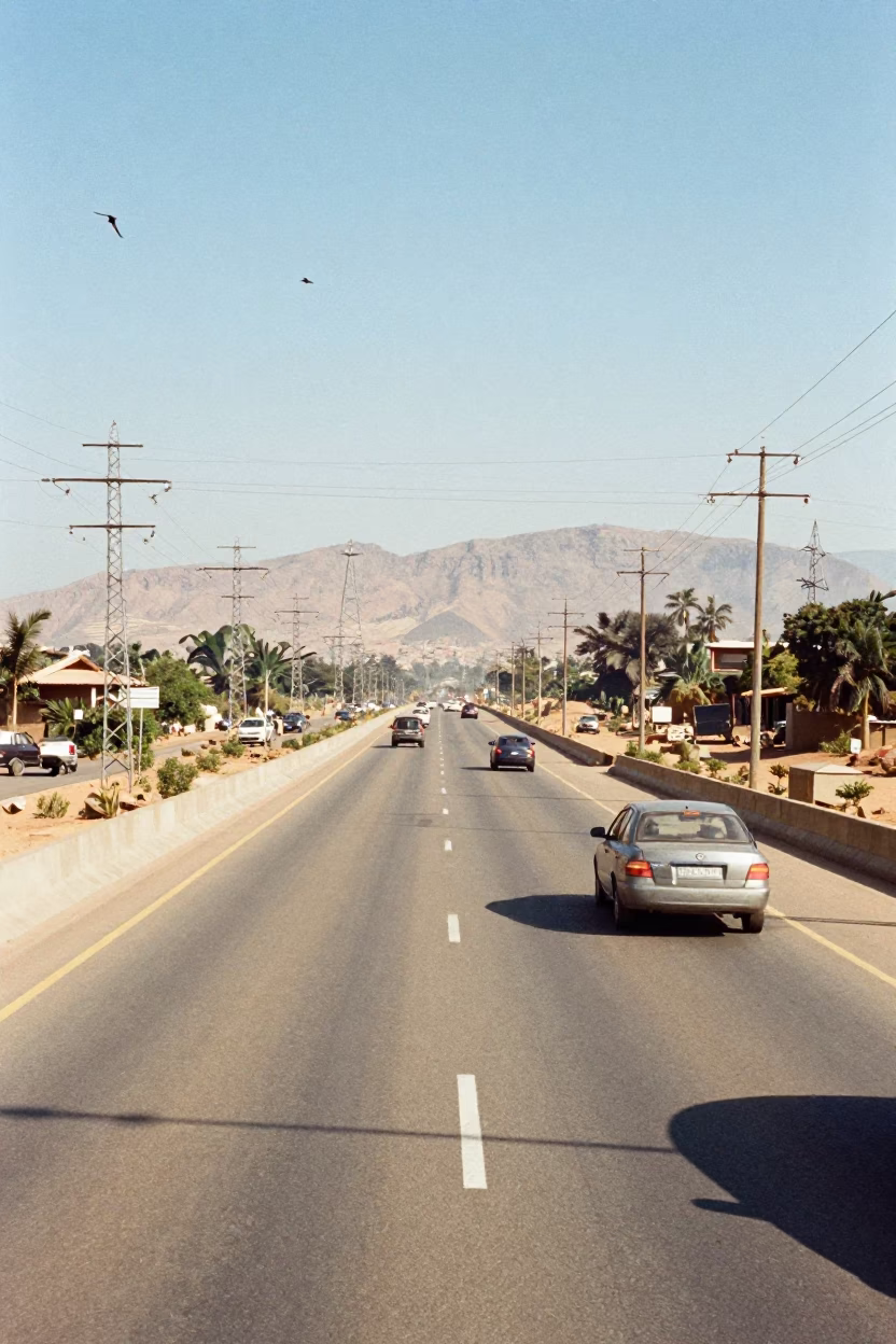 Shadows Striped Across Ethiopian Flyover Underneath in beneath transmission towers in Ethiopia