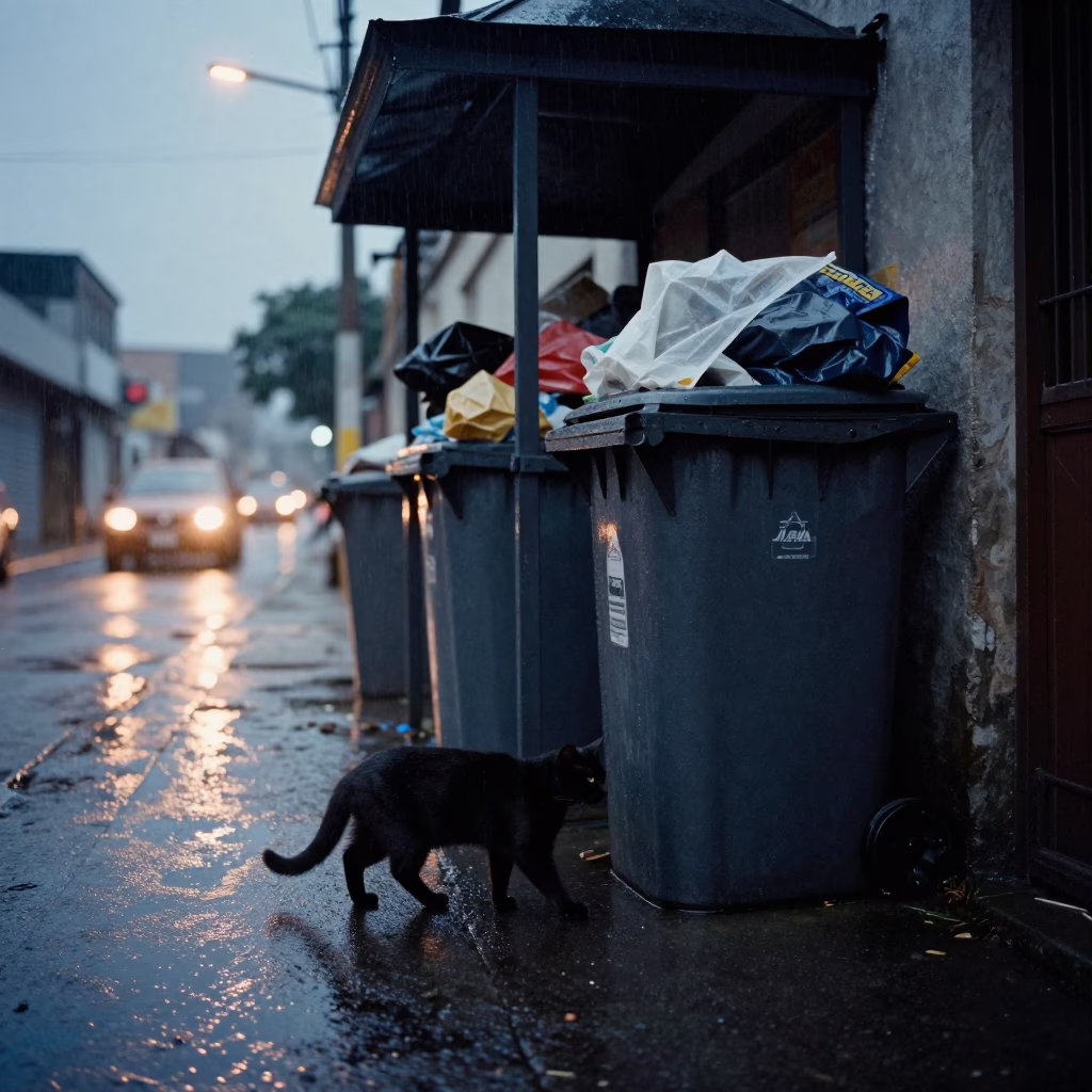 Shadowy Alley Cat at Dusk Santa Cruz in by a rain-darkened kiosk in Santa Cruz de la Sierra