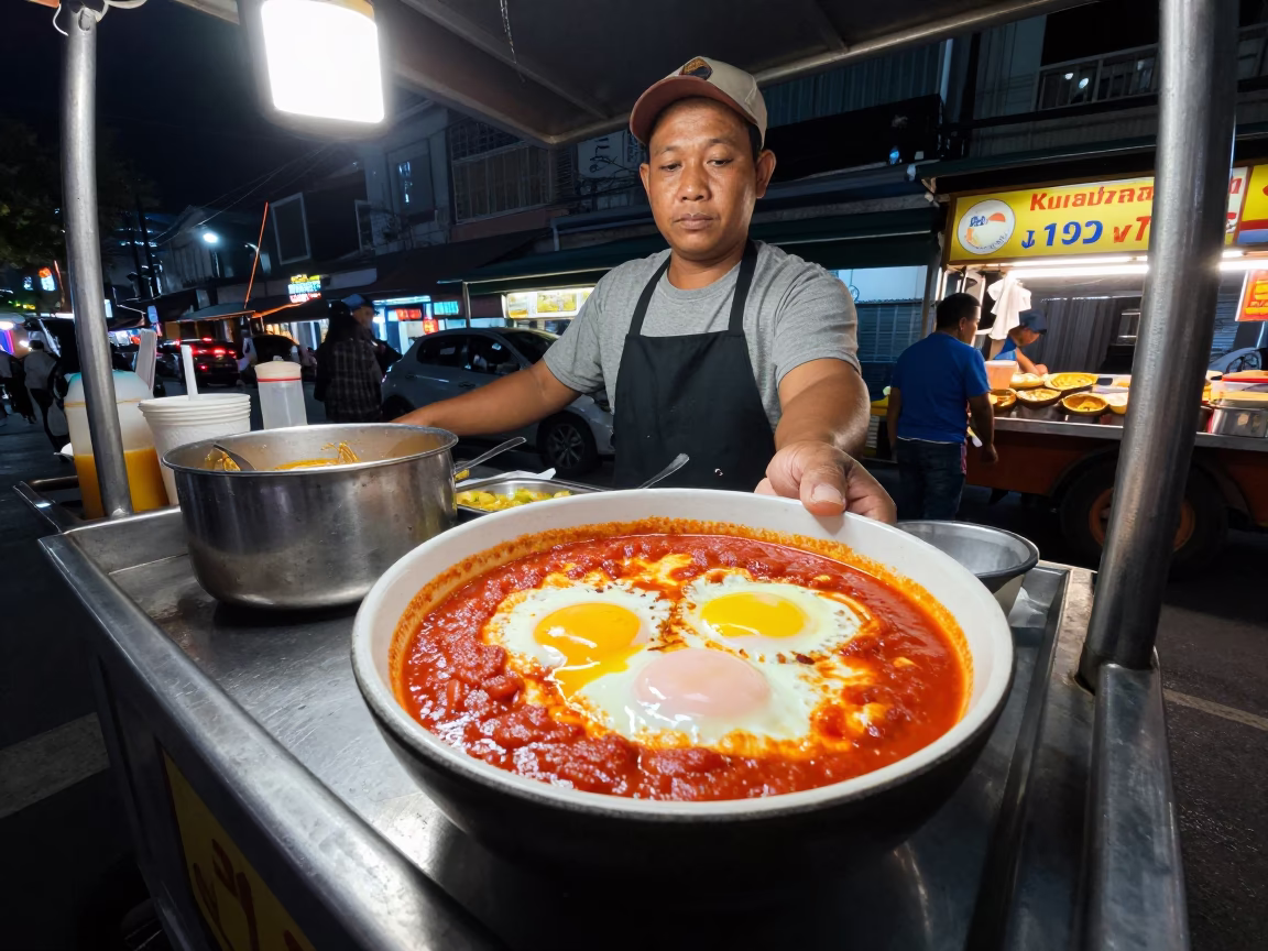 Shakshuka Bowl in Bangkok at As City Lights Begin To Glow in in Bangkok, Thailand