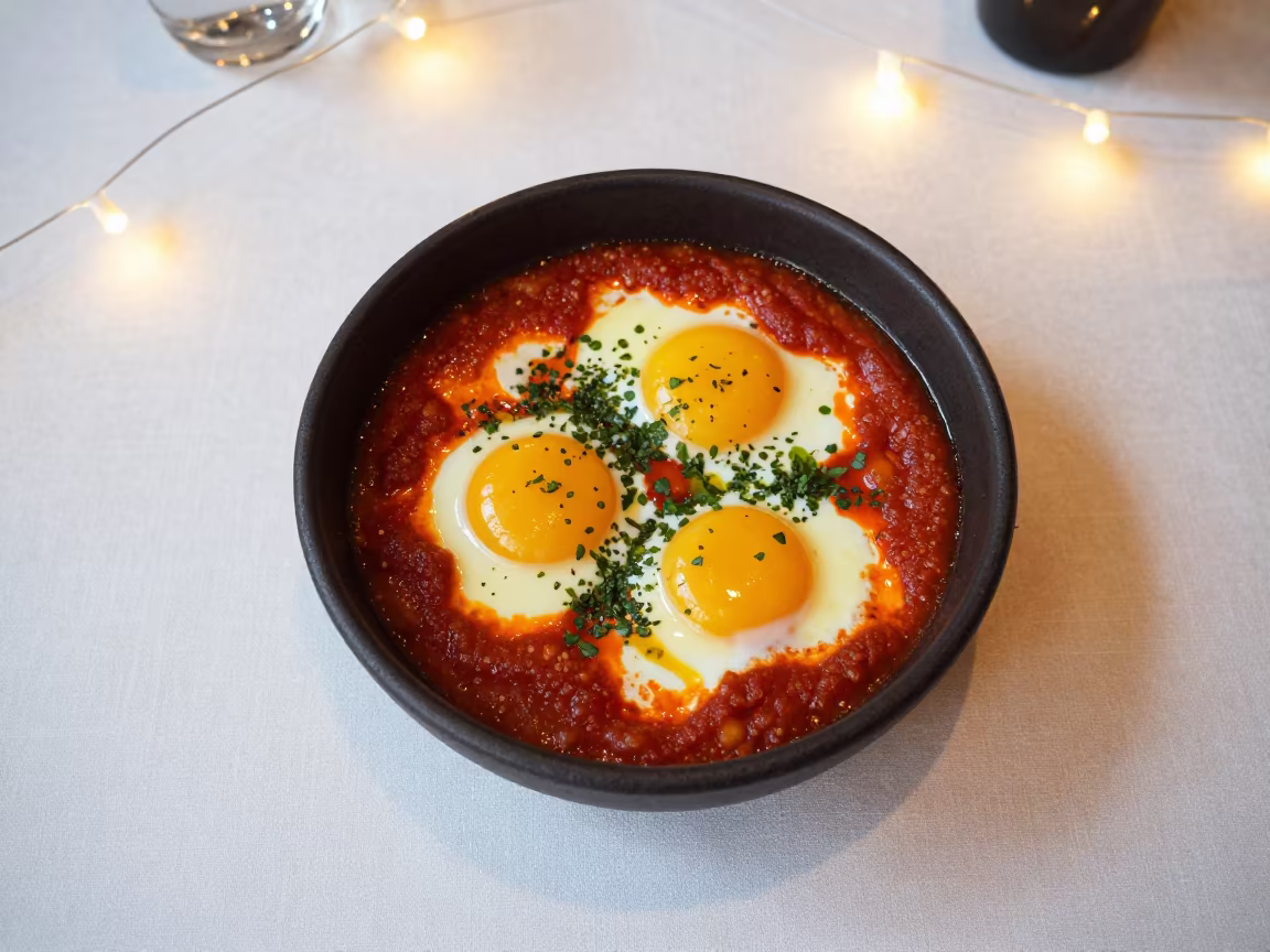 Shakshuka Bowl with Poached Eggs on Linen in on a linen-covered restaurant table in Calgary