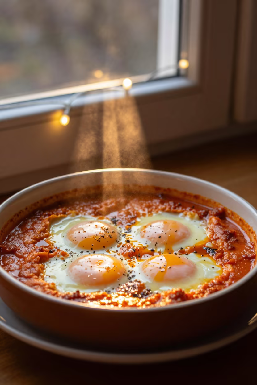 Shakshuka Bowl with Poached Eggs Night Window in on a ceramic plate by a window in Zhengzhou