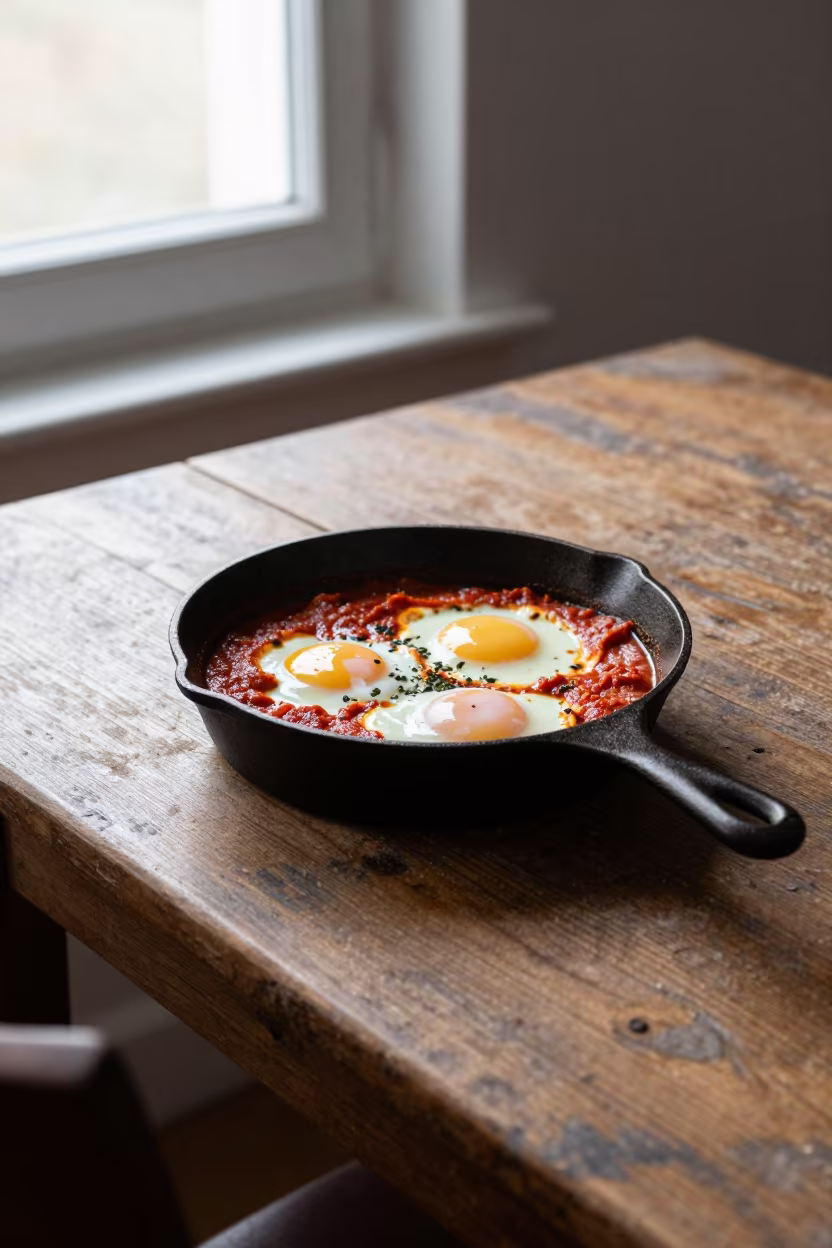 Shakshuka in Iron Skillet on Dusty Library Table in on a dusty library table near Aberdeen