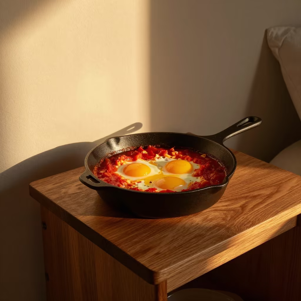 Shakshuka Skillet on Bedside Table Golden Hour in on a bedside table near Salvador
