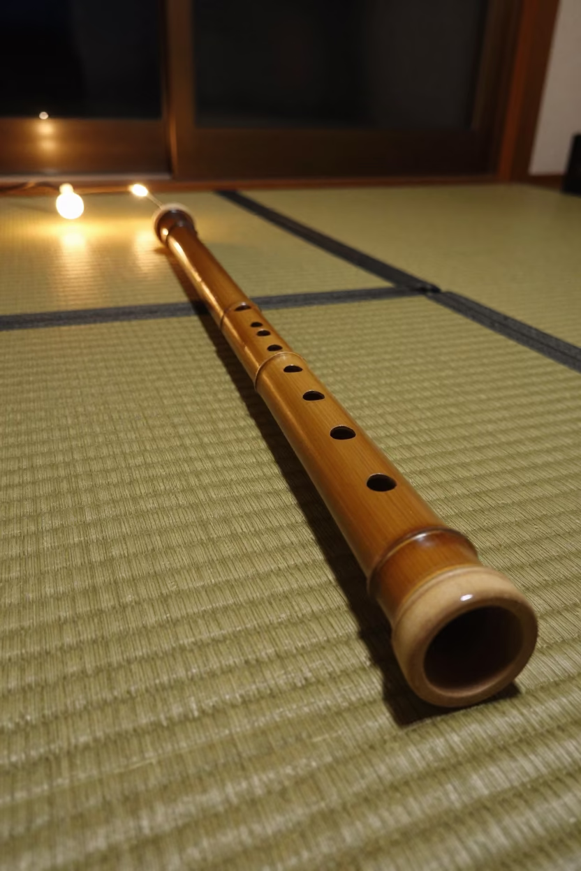 Shakuhachi Flute on Tatami Mat Night Light in on a cafe table by a window in Kamakura
