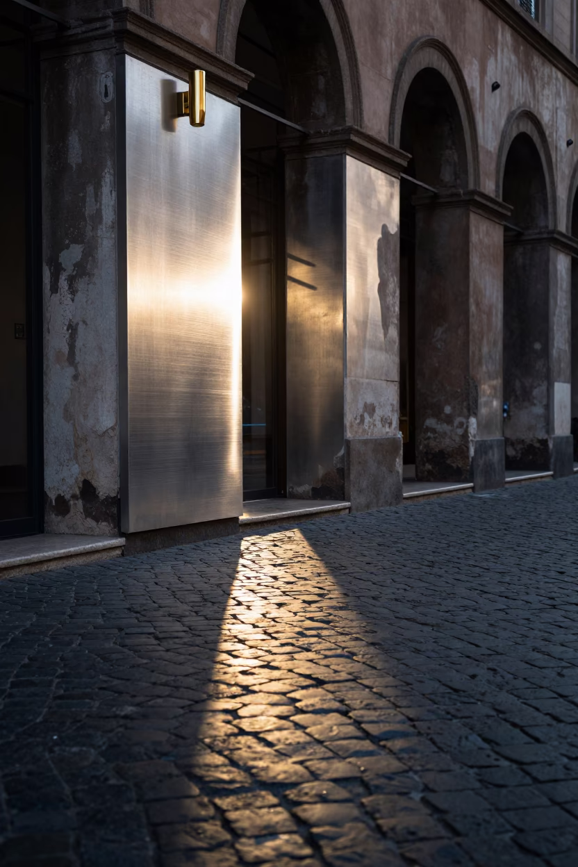 Shallow Reflection on Brushed Steel in Morning Rome Street in in Rome, Italy