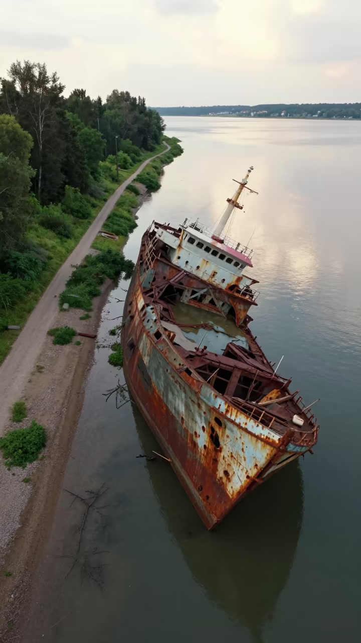Shallow Water Shipwreck Drone View Midsummer in along a game trail near Linz