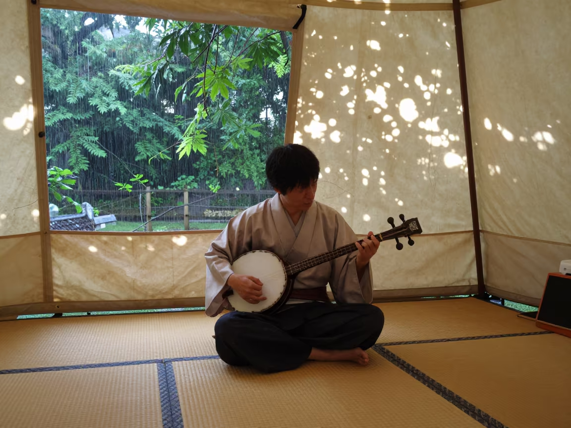 Shamisen Player in Kyoto Tent Monsoon Light in under a circus tent in Kyoto