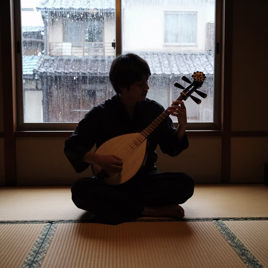 Shamisen Player Silhouette in Tokyo Tearoom in on a dimly lit stage in Tokyo