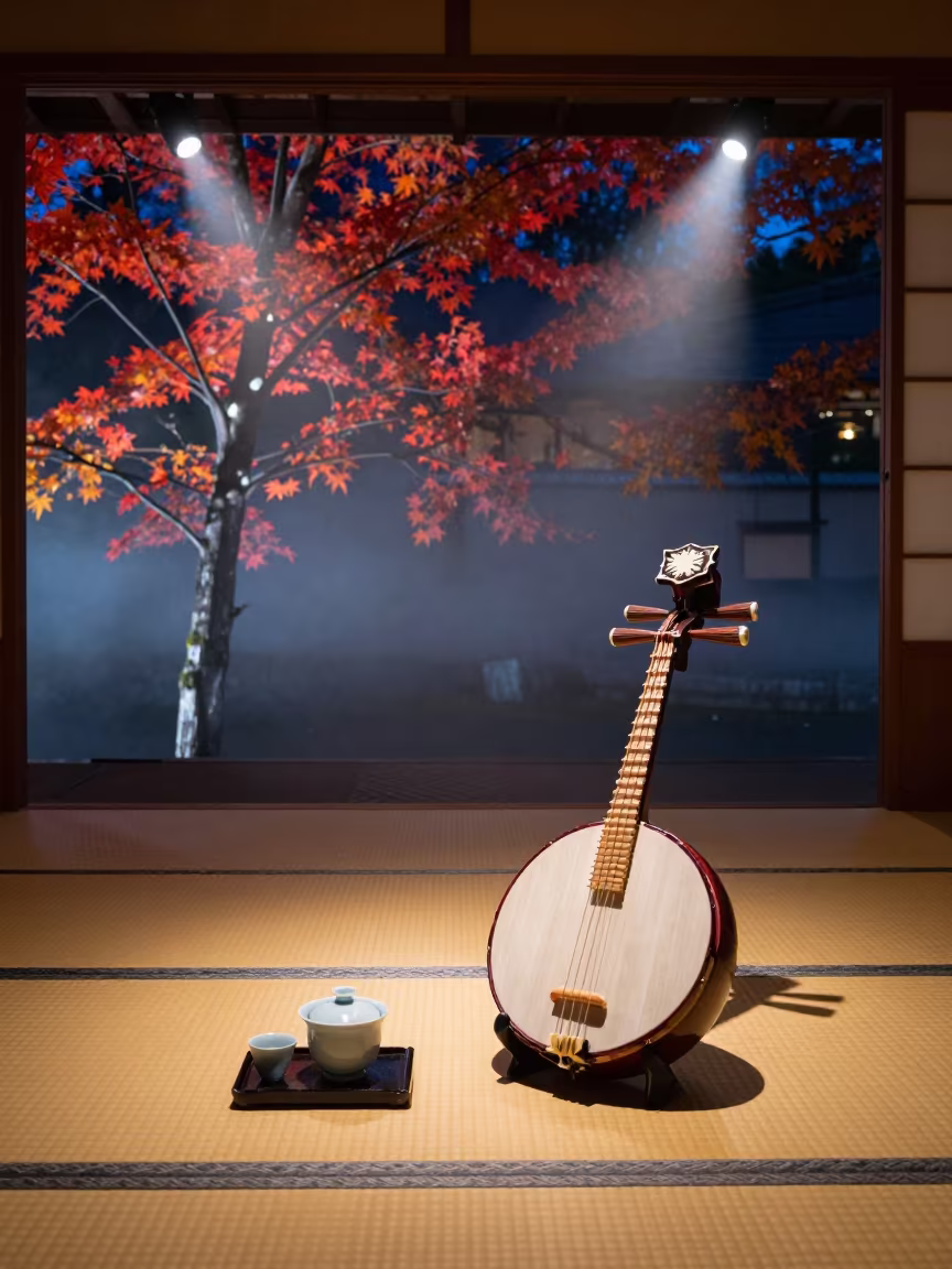 Shamisen on Tatami Under Night Spotlights in in a rehearsal room in Philosopher's Path, Kyoto