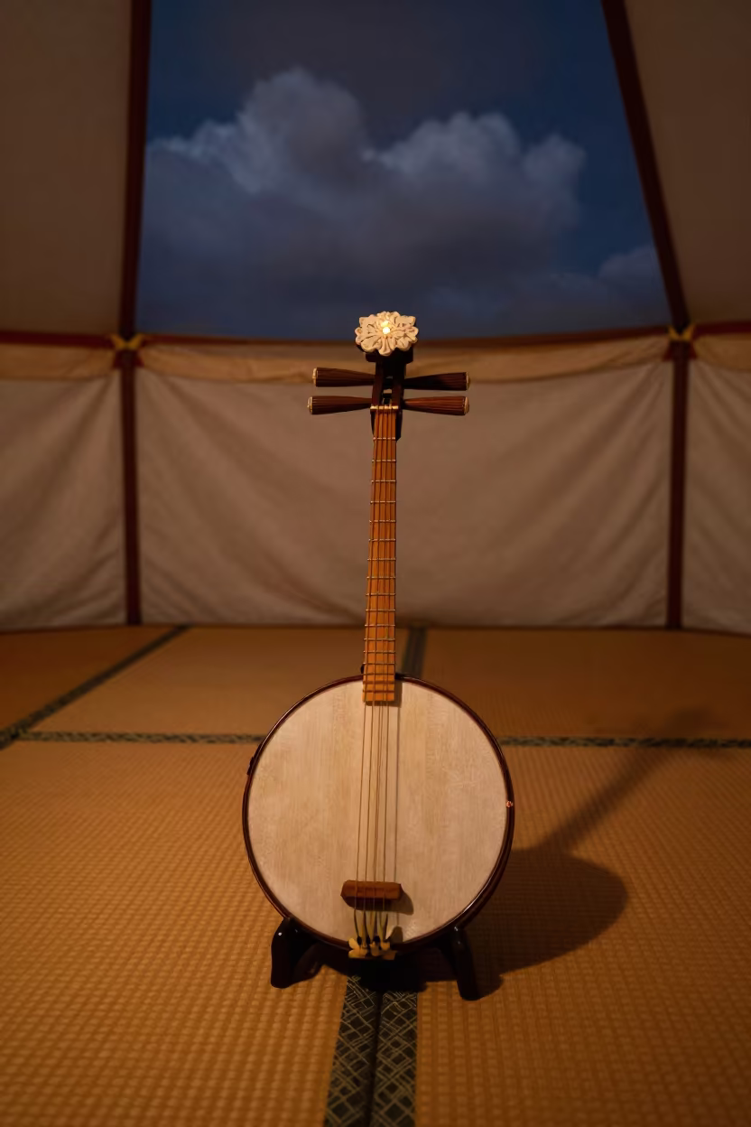 Shamisen on Tatami Under Tokyo Circus Tent in under a circus tent in Tokyo