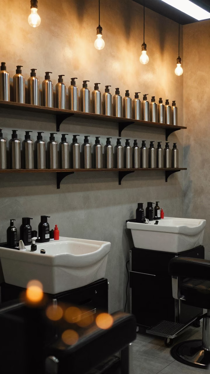 Shampoo Backbar Shelf Late Night Barber Station Jakarta in at a barber station beneath mirror bulbs in Kemang, Jakarta