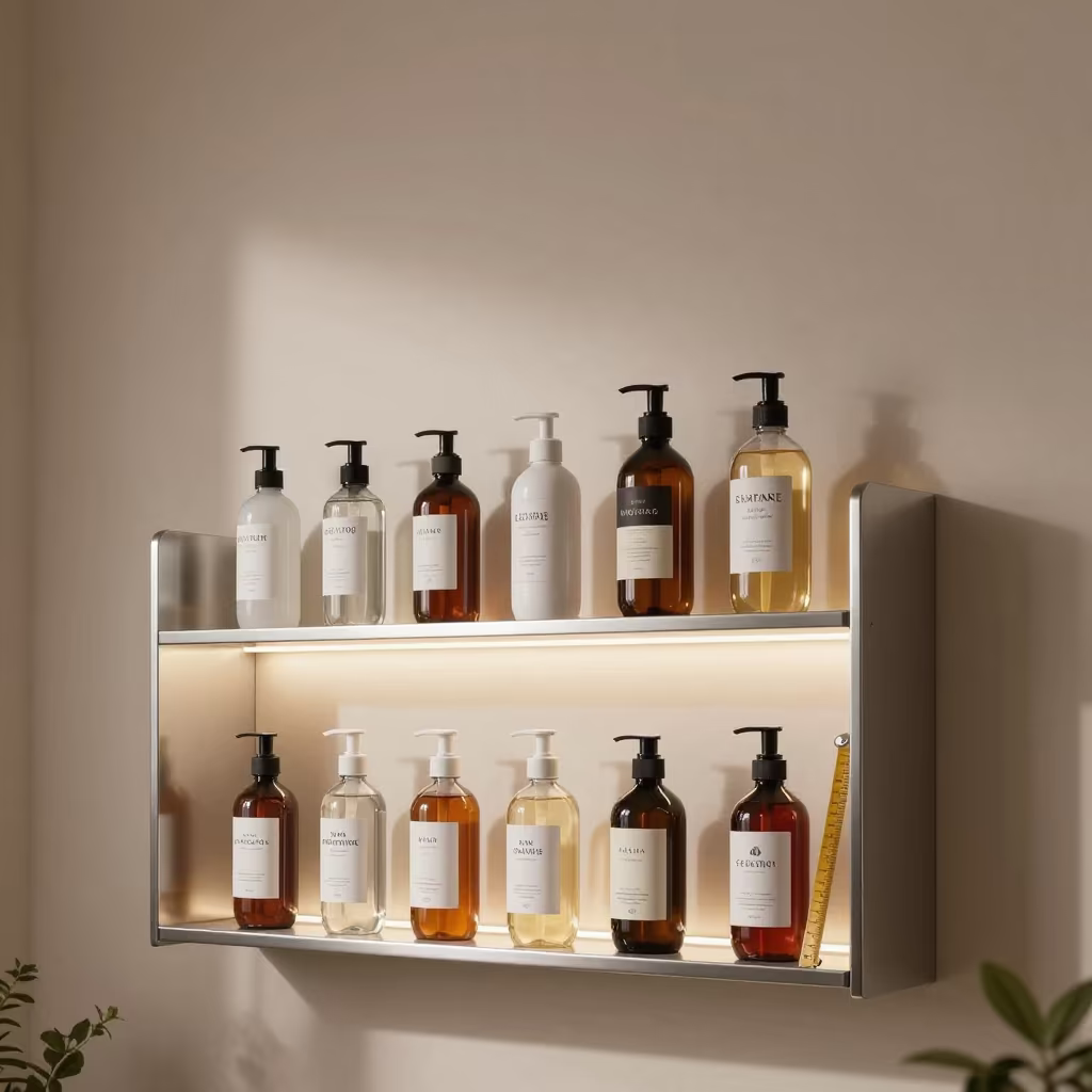 Shampoo Backbar Shelf in Nagpur Salon in in a beauty supply area under white LEDs in Nagpur