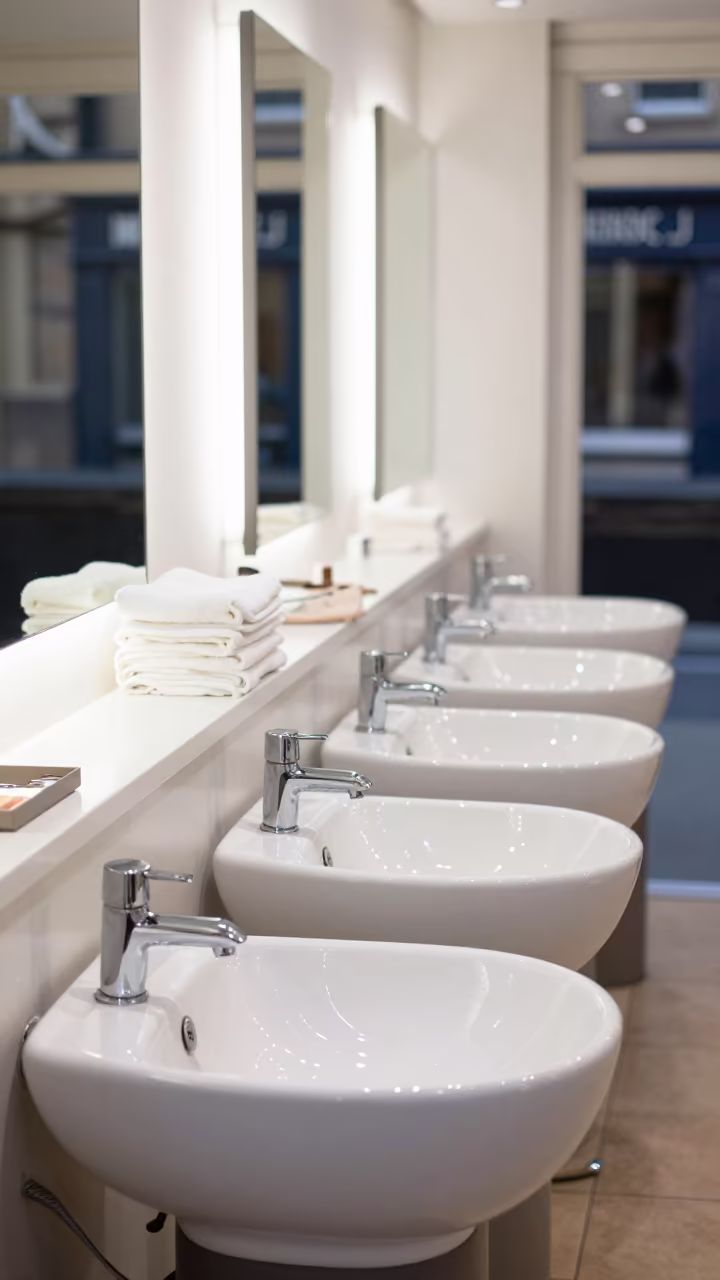 Shampoo Basin Row with Towels in Edinburgh Beauty Shop in in a beauty supply area under white LEDs in Grassmarket, Edinburgh