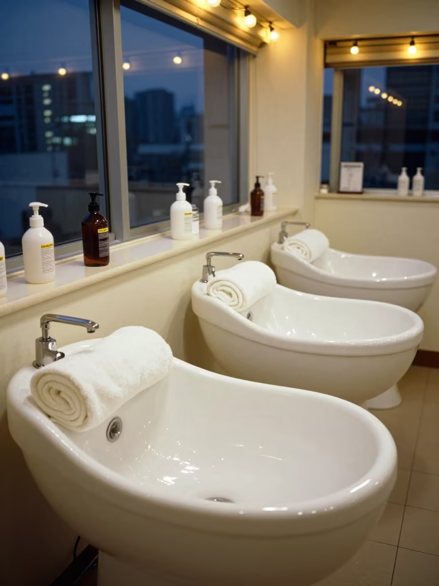 Shampoo Basins with Towels in Busan Beauty Room in inside a skincare treatment room near Busan