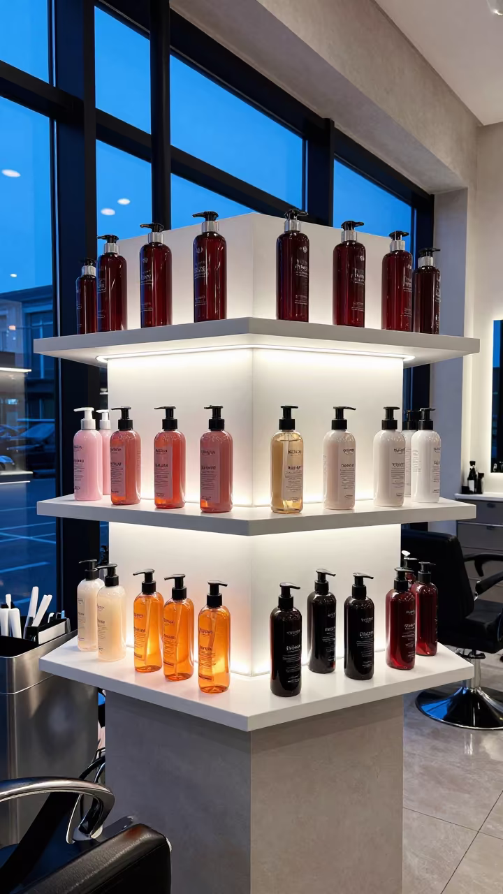 Shampoo Refill Shelf in Baku Salon in in a beauty supply area under white LEDs near Baku