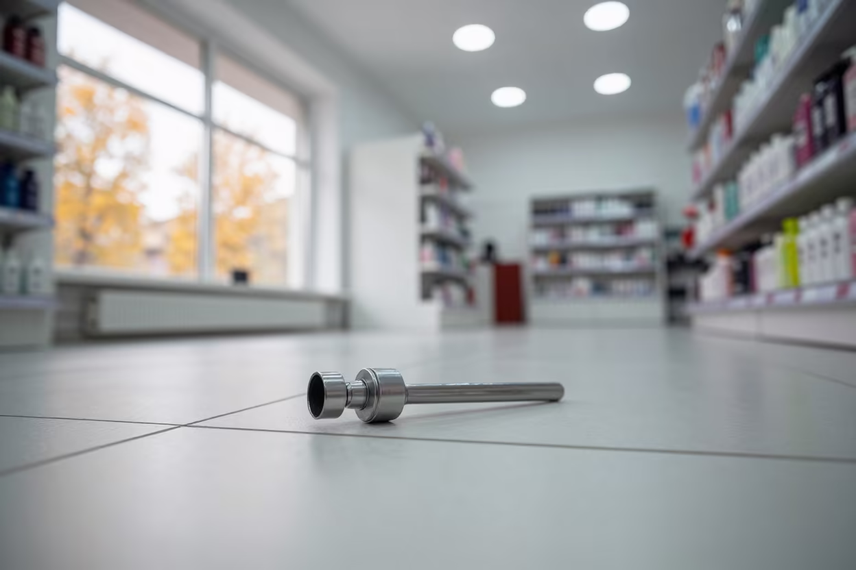 Shampoo Wrench on Store Tile Under Late Autumn Light in in a beauty supply area under white LEDs in Samara