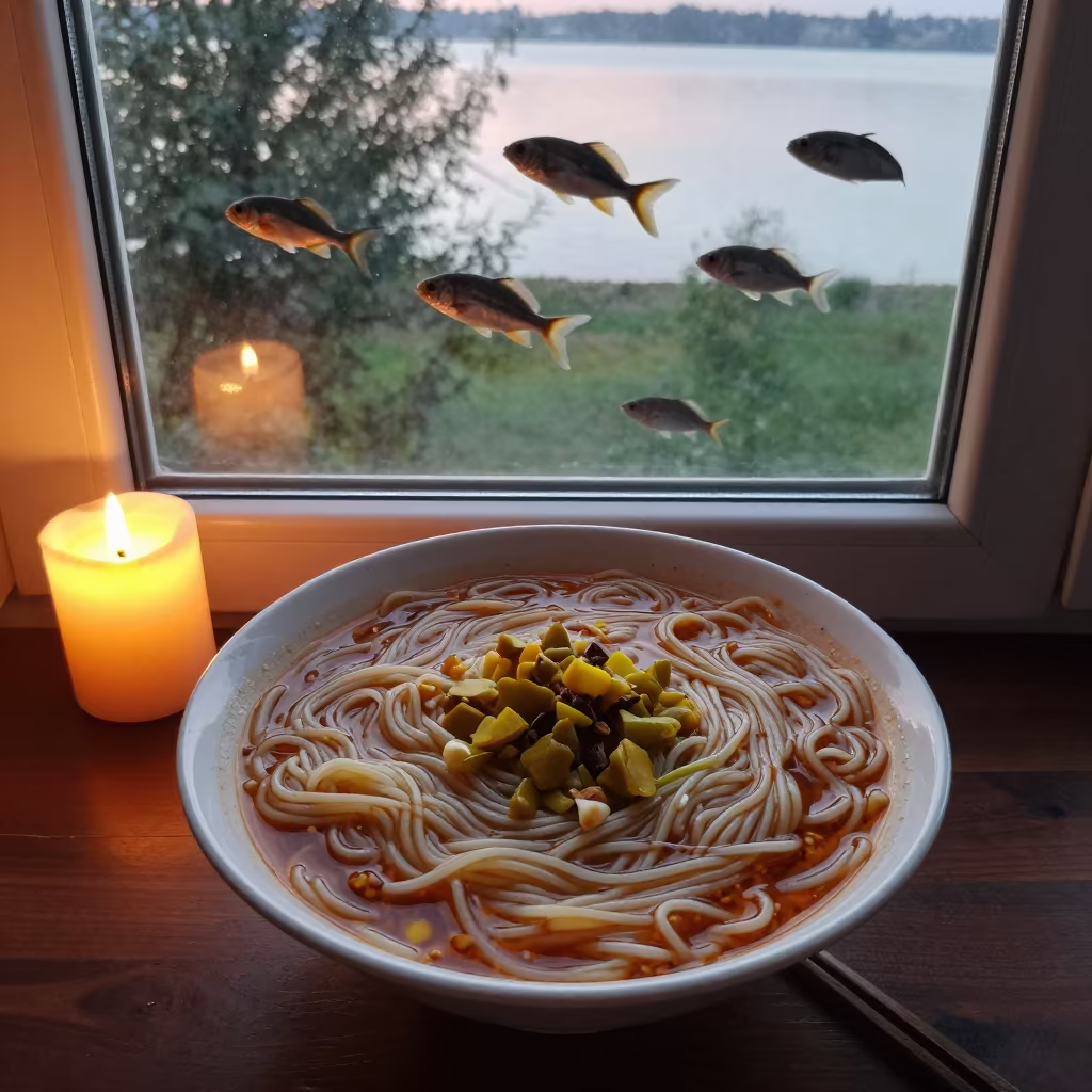 Shan Noodles Fish Almaty Sunset Glow in on a ceramic plate by a window in Almaty