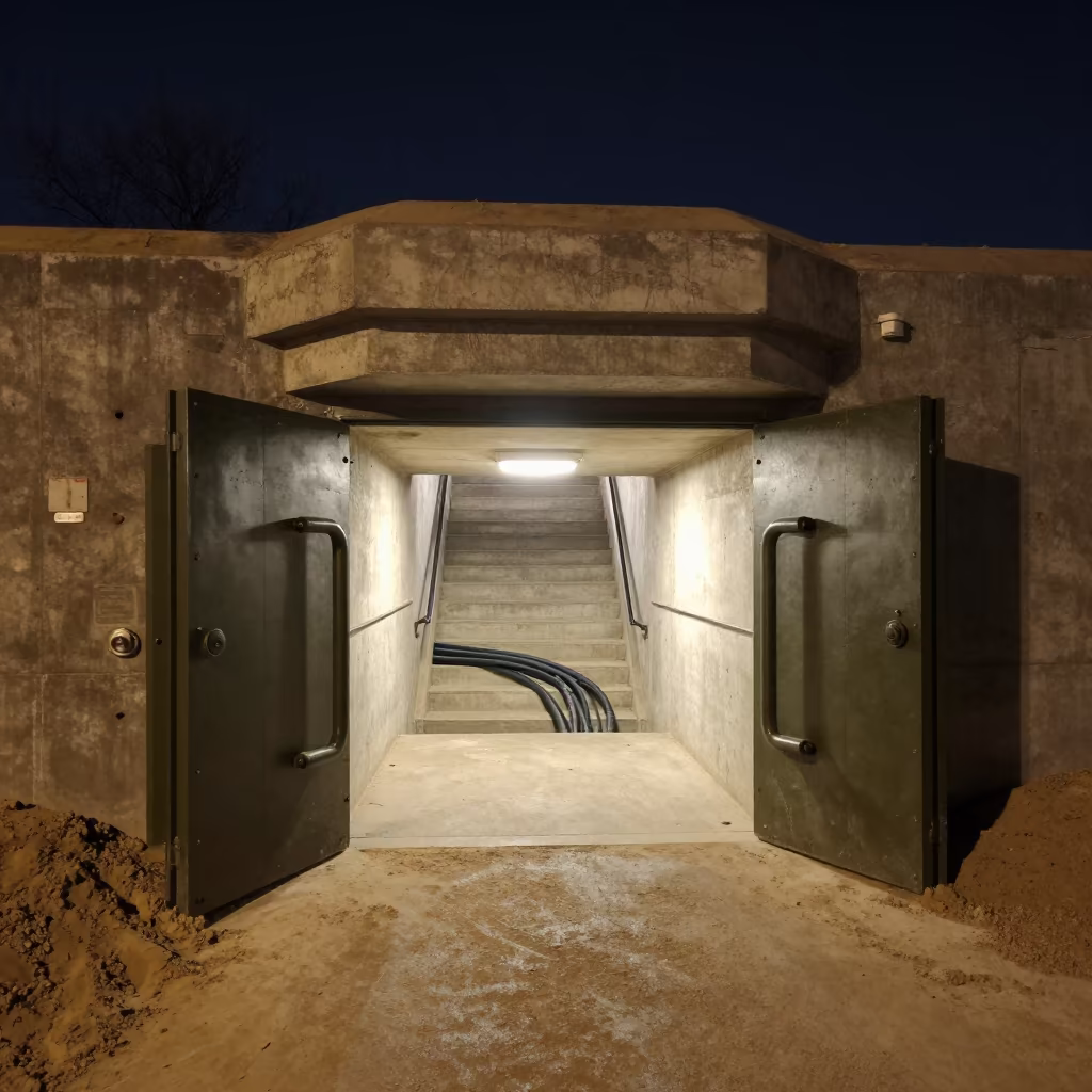 Shandong Bunker Entrance Night Tungsten Light in inside a bunker stairwell in Shandong