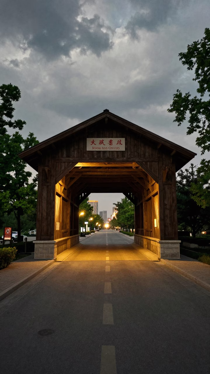 Shandong Plaza Bridge in Spring Light in across a formal civic plaza in Shandong