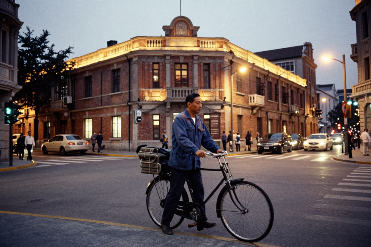 Shanghai 1960s Street Scene Evening Glow with Vintage Bicycle and Local Shop in in Shanghai, China
