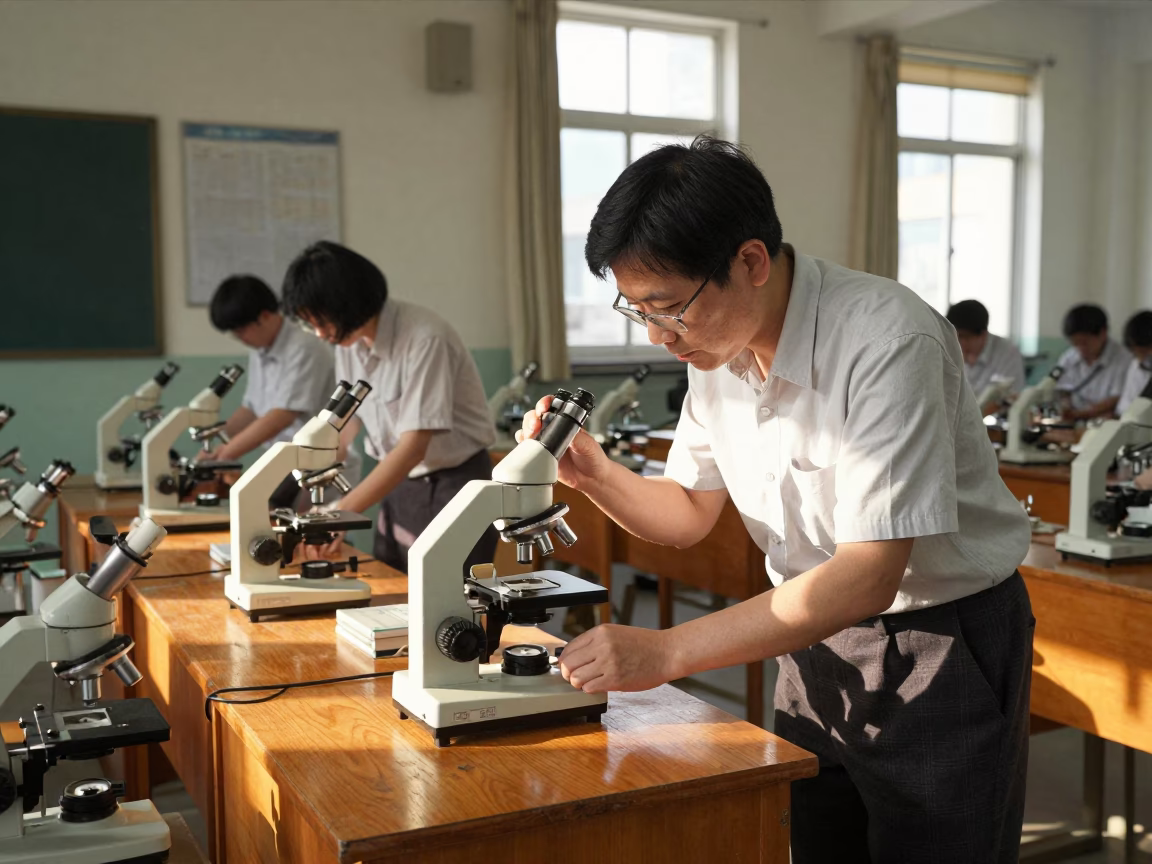 Shanghai 1980s Biology Teacher Arranging Microscopes in Classroom in in Shanghai, China