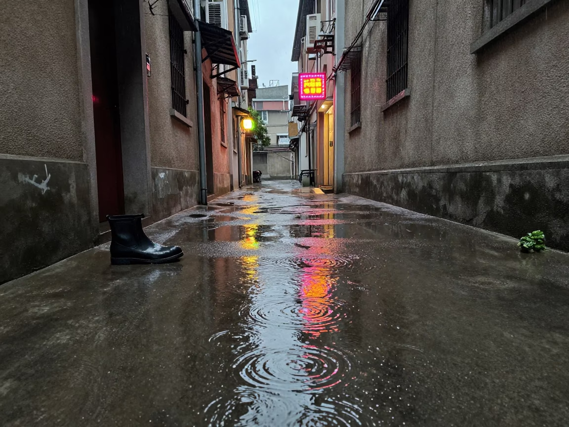 Shanghai alleyway boot scraper and puddles during dusk rain in in Shanghai, China