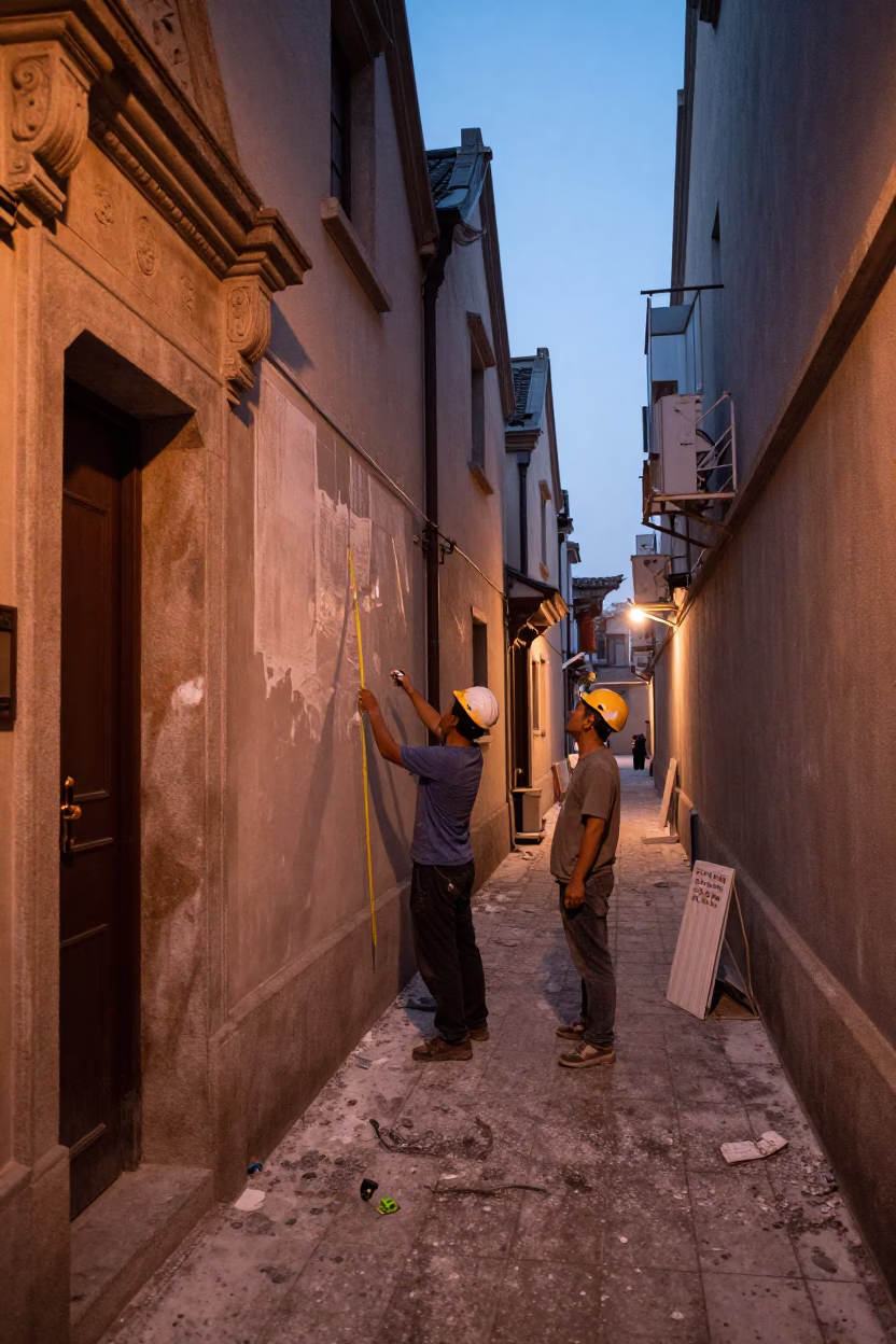 Shanghai Alleyway Construction Workers Measuring Tapes and Paint Flecks in Copper Dusk Light in in Shanghai, China