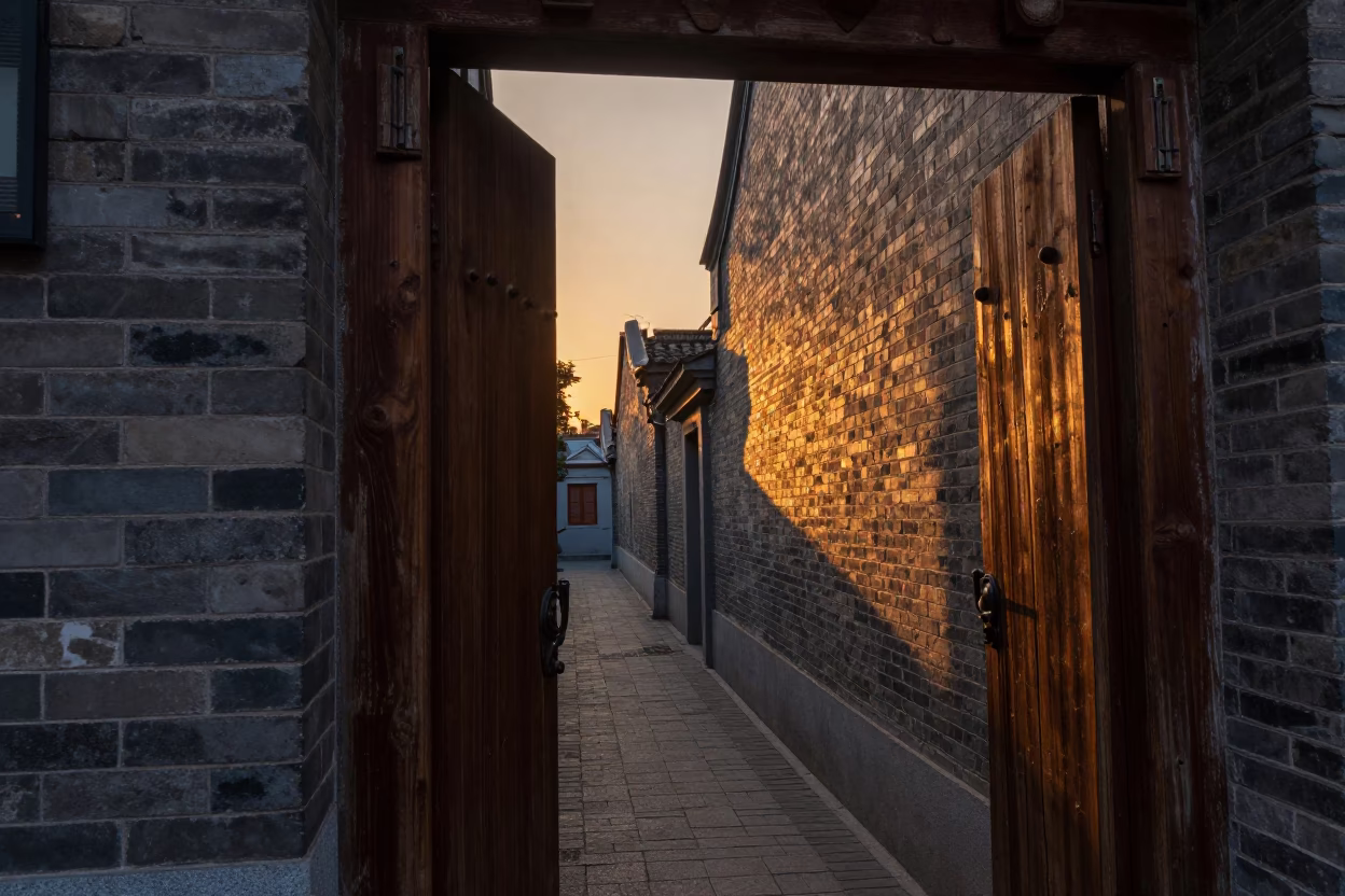 Shanghai Alleyway Evening Light on Weathered Wood and Local Life in in Shanghai, China