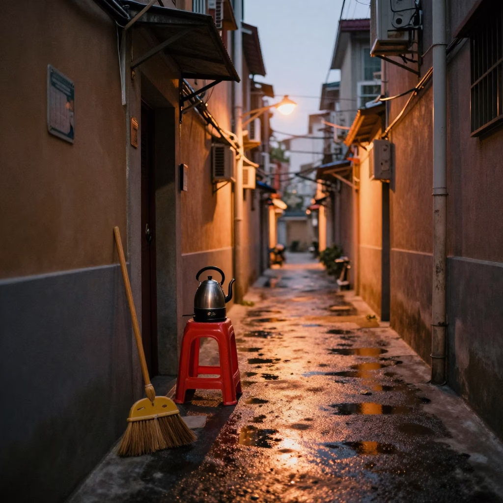 Shanghai Alleyway Evening Scene with Broom and Electric Kettle in Copper Light in in Shanghai, China