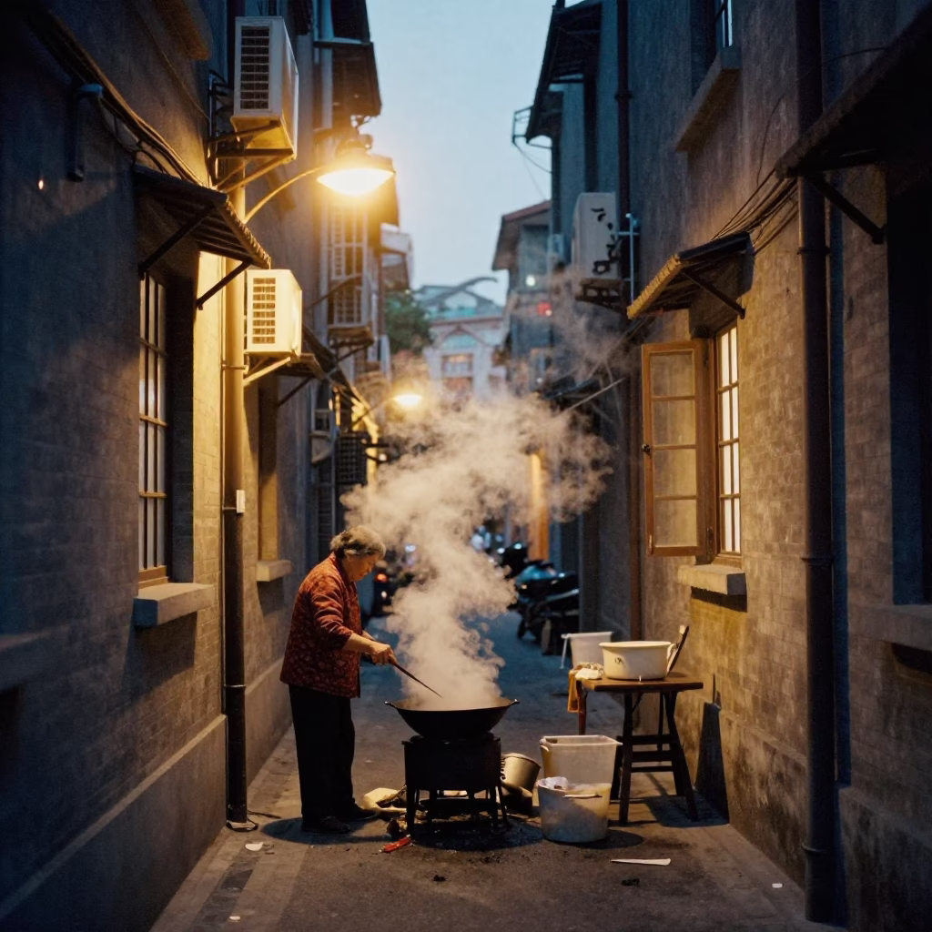 Shanghai Alleyway Evening Street Life with Steam and Cooking Pots in in Shanghai, China