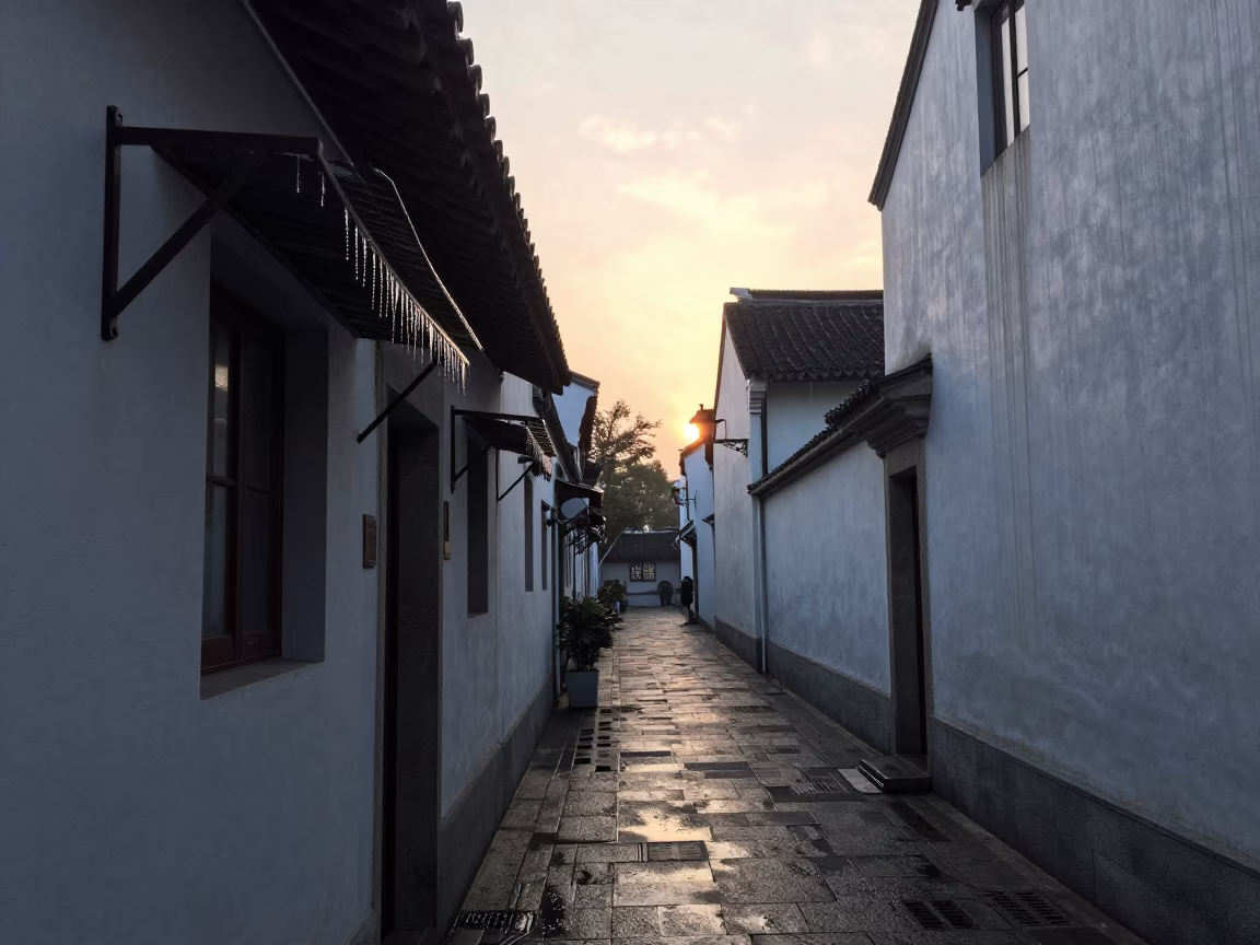 Shanghai Alleyway Morning Before Sunrise with Condensation and Hanging Linens in in Shanghai, China