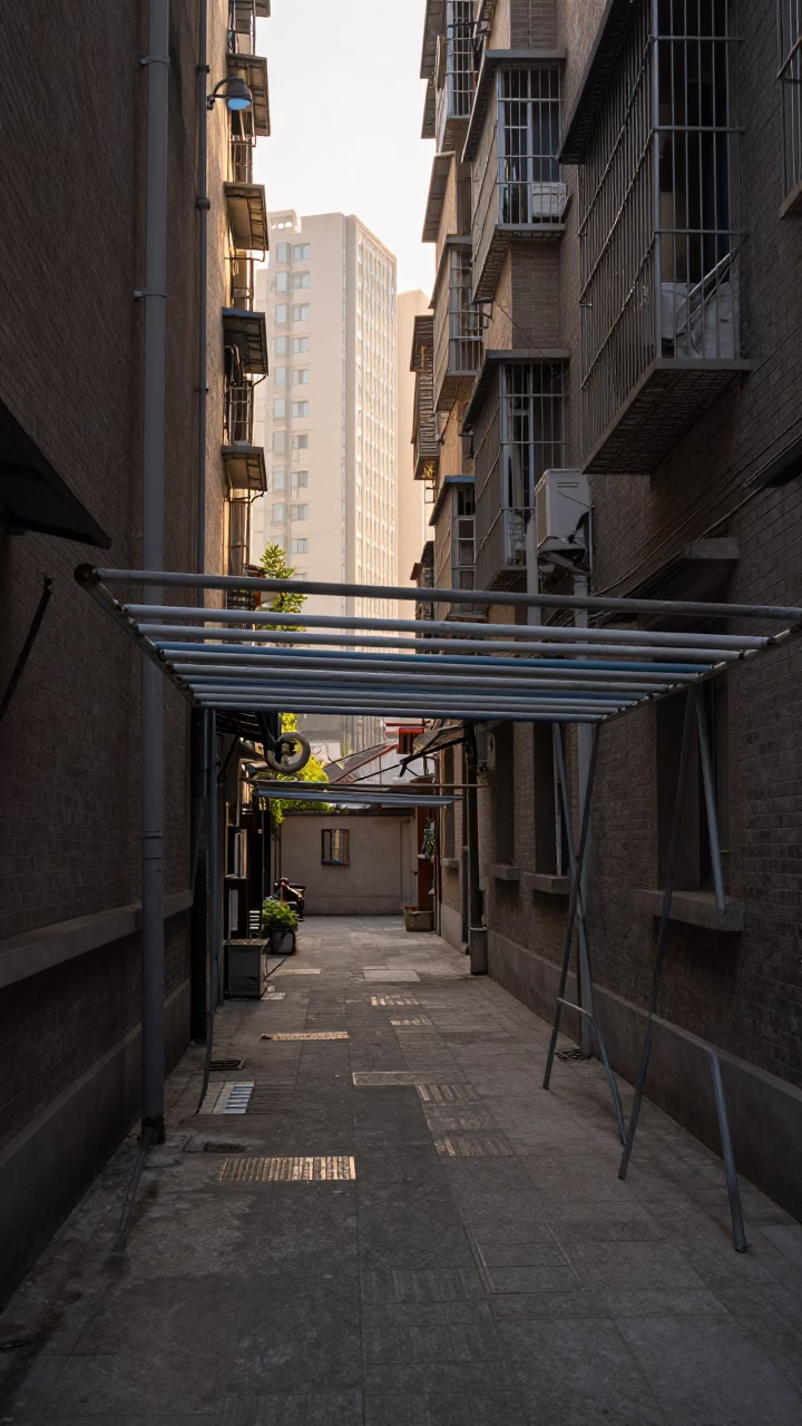 Shanghai Alleyway Morning Light and Drying Rack with Urban Background in in Shanghai, China