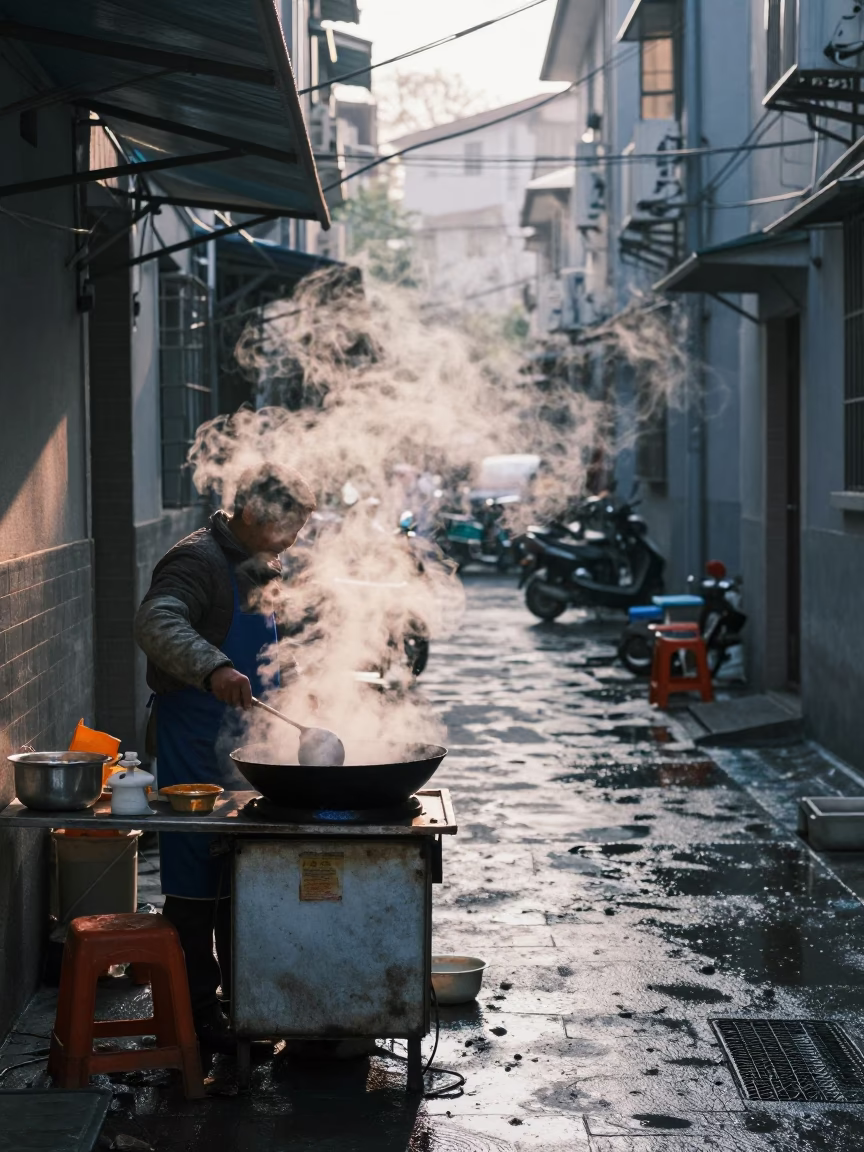 Shanghai alleyway morning vendor steam and wet pavement in in Shanghai, China