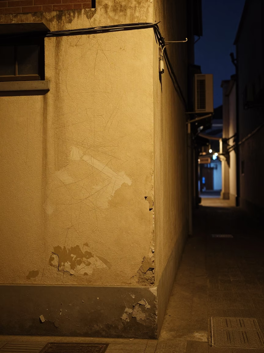 Shanghai Alleyway Night Scene With Scratched Plaster Wall And Vintage Radio in in Shanghai, China