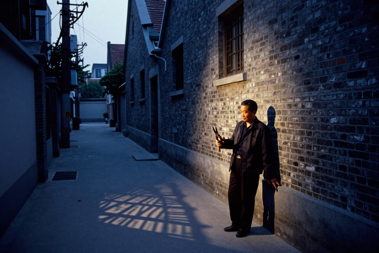 Shanghai Alleyway Pre-Dawn Light with Wicker Shadow and Pruning Shears in in Shanghai, China