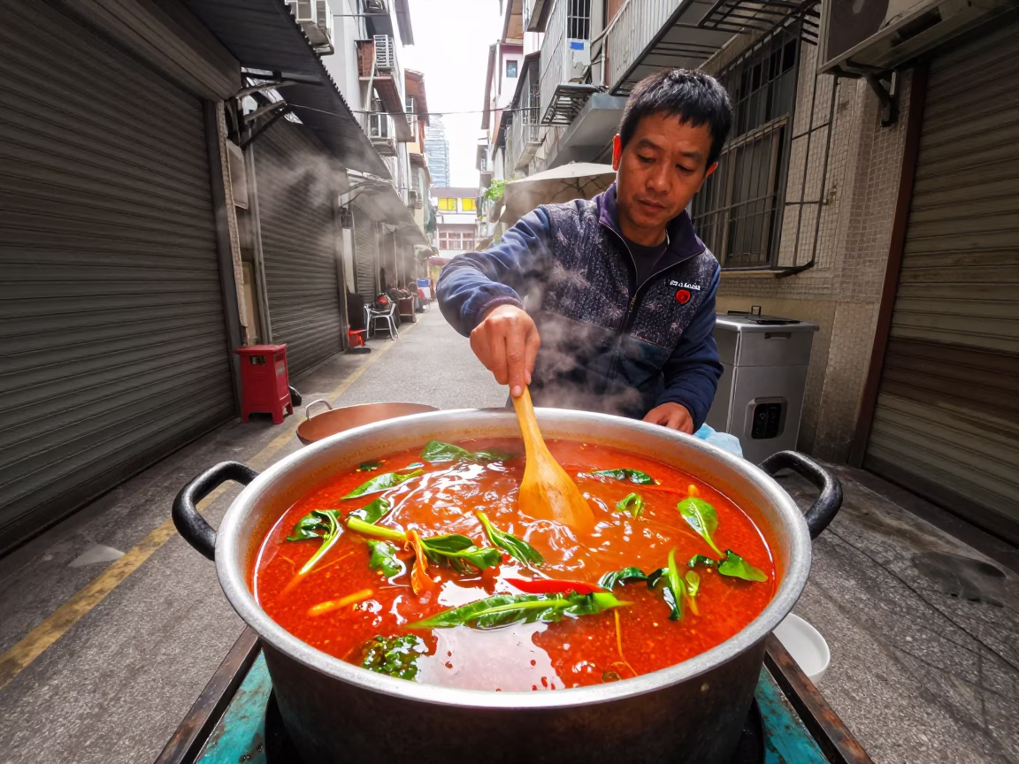 Shanghai Alleyway Vendor Preparing Sinigang Soup in Early Afternoon Light in in Shanghai, China