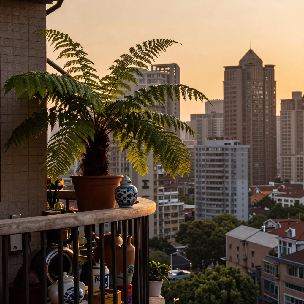 Shanghai Apartment Balcony Evening Light with Ferns and Porcelain Jar in in Shanghai, China