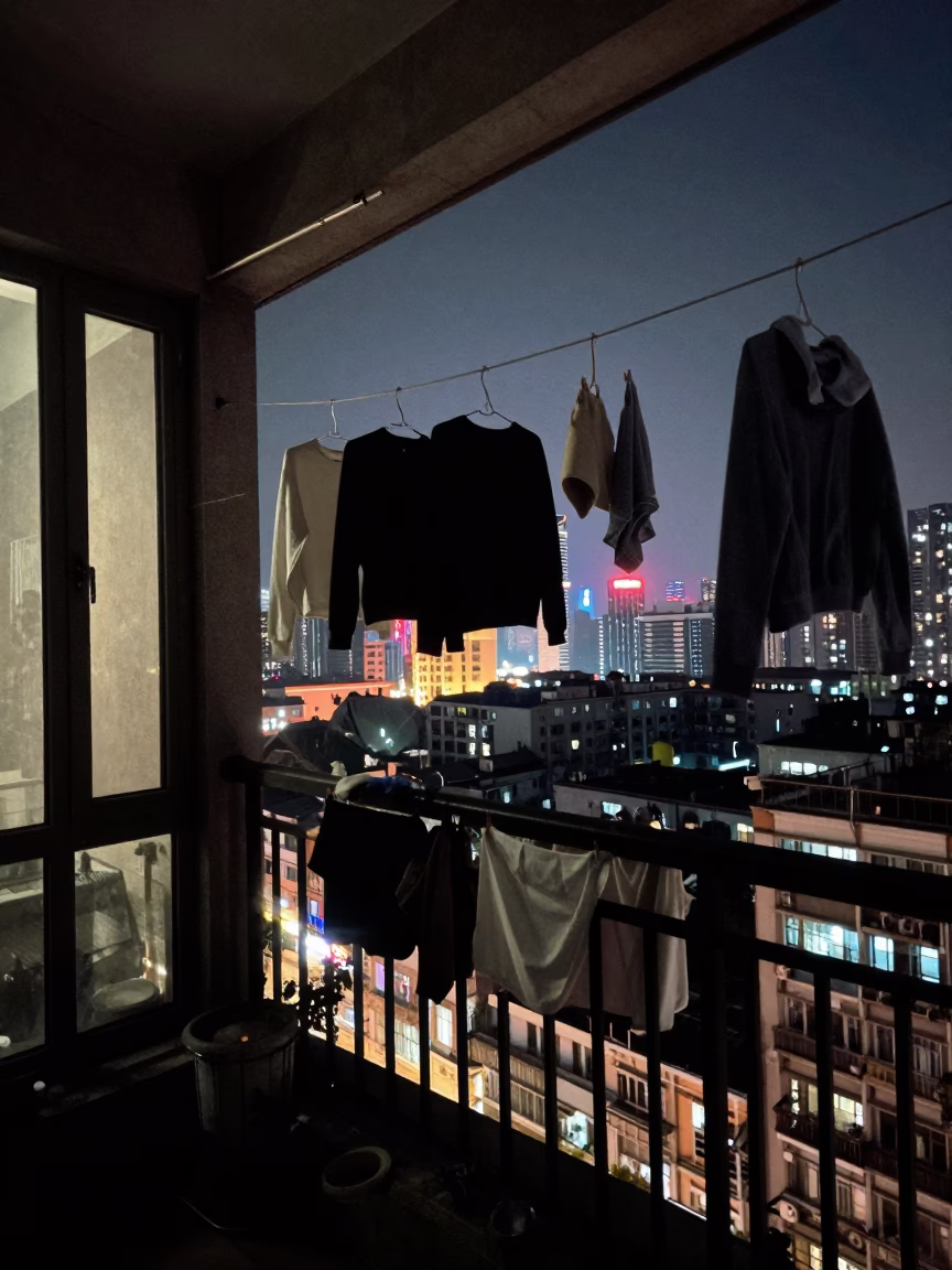 Shanghai apartment balcony night life with laundry and city lights in in Shanghai, China