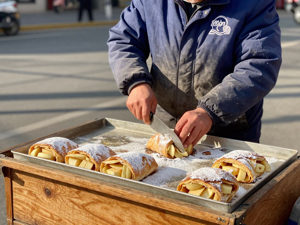 Shanghai Apple Strudel at Clear Late-afternoon Light in in Shanghai, China